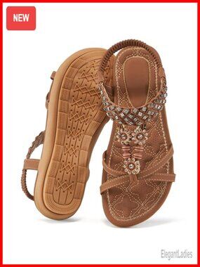 Women's Faux Leather Beaded Ankle Strap Flat Sandals - Comfortable Walking Shoes